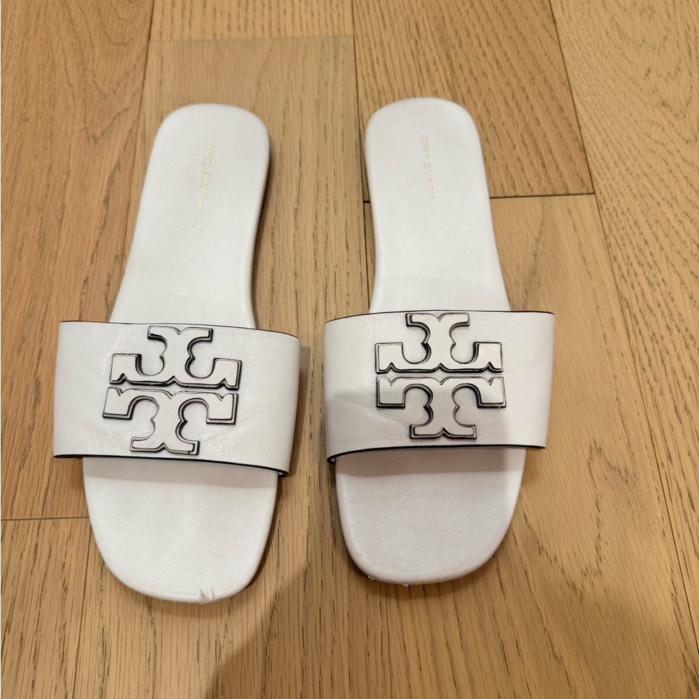 Tory Burch Cream Slide Sandals with Logo